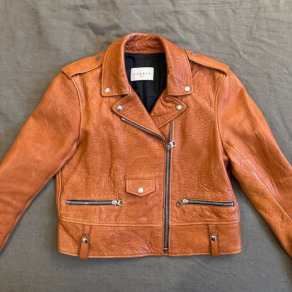 Sandro Cognac Leather Biker Jacket - Size M